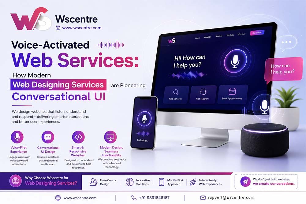 Illustration of a voice-activated website highlighting conversational UI and modern web designing services.