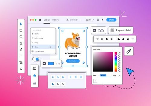 Figma interface displaying real-time collaborative UI/UX design tools and color palettes. Figma interface displaying real-time collaborative UI/UX design tools and color palettes.